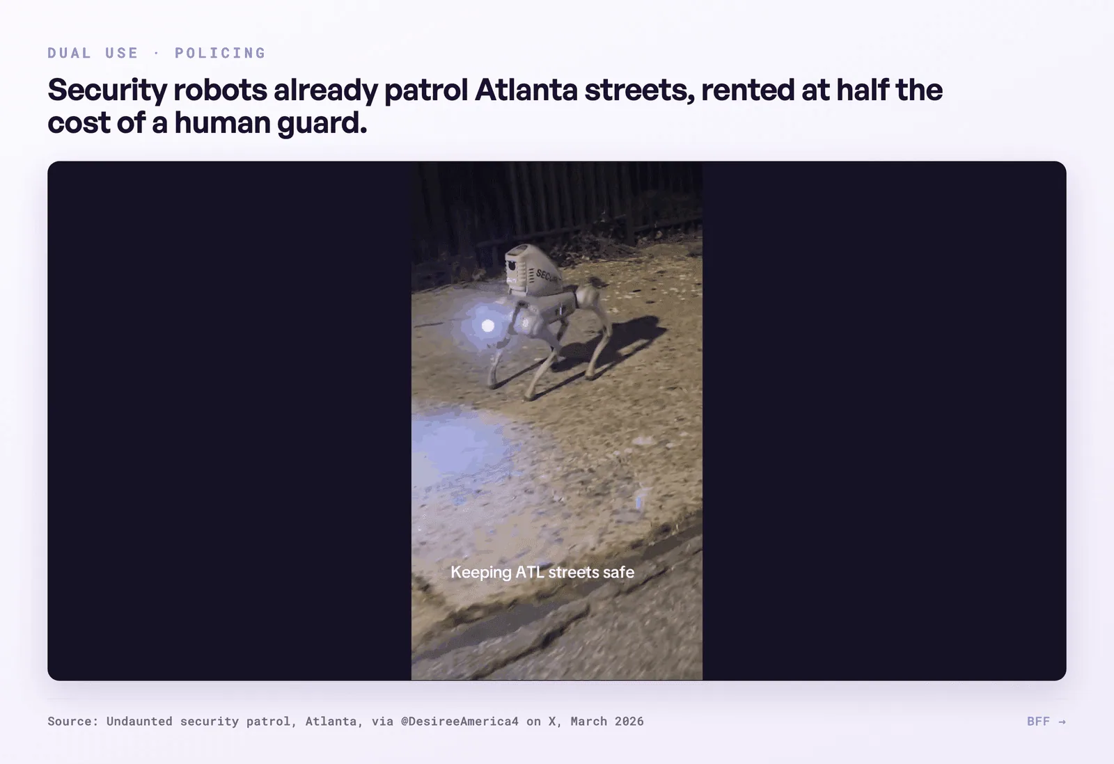 De politiehelft van tweeledig gebruik: een gehuurde beveiligingsrobot op patrouille.